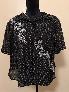 Black Polka Dot Button-Front Blouse with White Floral Embroidery
